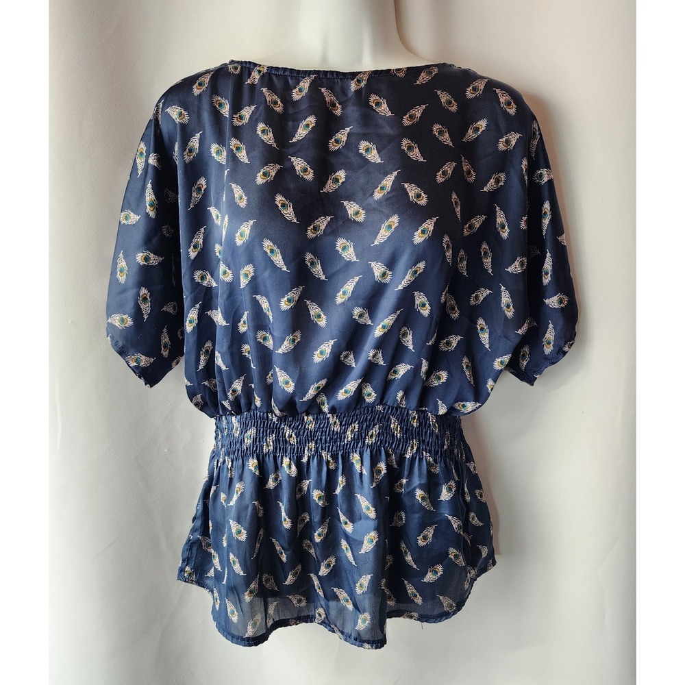Xhilaration Vtg Slouchy Blouse Peacock Feather Pattern Cinched Wait Short Sleeve